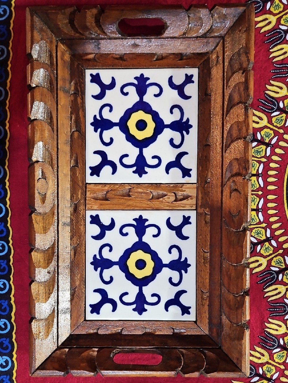 Mexican Hand Carved Wood Serving Tray Blue Yellow Talavera Tile Inlay Vintage